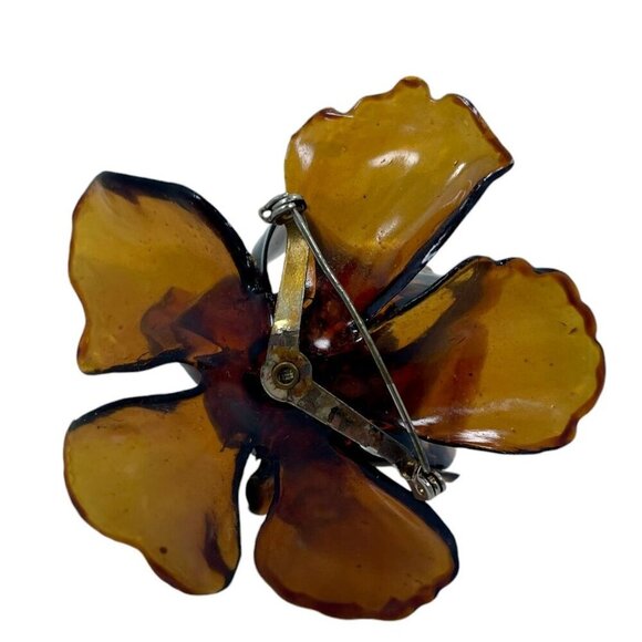 1950s  Retro Amber Orchid Flower Brooch | Cellulose Acetate Pin with Rhinestones - Picture 4 of 6